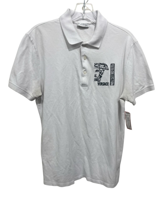 Versace Collection Size L White & Black Cotton Blend Solid Polo Short Sleeve White & Black / L