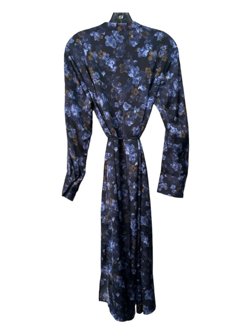 Vince Size S Navy Blue & Brown Polyester V Neck Floral Long Sleeve Sash Dress Navy Blue & Brown / S