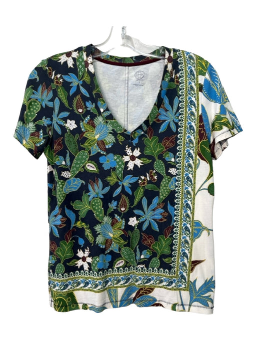 Tory Burch Size S Blue, Green & Red Cotton V Neck Floral Short Sleeve Top Blue, Green & Red / S