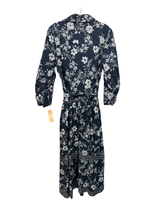 Cara Cara Size 6 Navy Blue & White Cotton 3/4 Sleeve Floral Print Buttons Dress Navy Blue & White / 6
