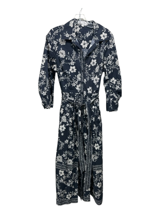 Cara Cara Size 6 Navy Blue & White Cotton 3/4 Sleeve Floral Print Buttons Dress Navy Blue & White / 6
