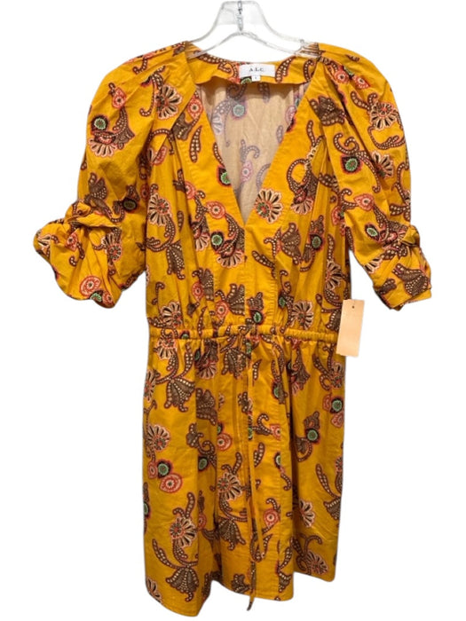 A.L.C. Size 4 Yellow, Pink, Multi Cotton Short Puff Sleeve Floral Paisley Dress Yellow, Pink, Multi / 4