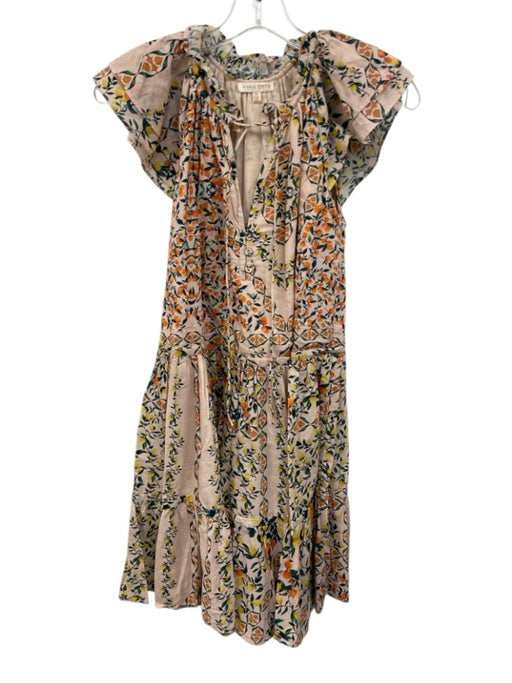 Anna Cate Size XS Peach, Green & Multi Cotton Ruffle Cap Sleeve V Neck Dress Peach, Green & Multi / XS