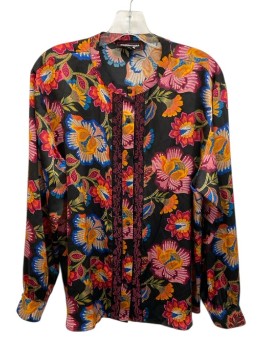 Johnny Was Size M Black, Fuchsia & Multi Silk Satin Floral Long Sleeve Top Black, Fuchsia & Multi / M