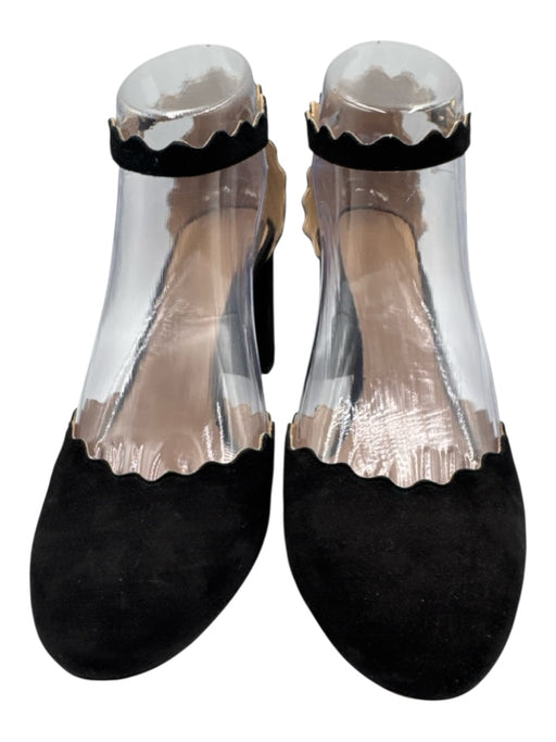 Chloe Shoe Size 38 Black Suede Round Toe Scallop Detail Block Heel Pumps Black / 38