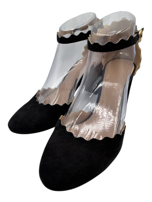 Chloe Shoe Size 38 Black Suede Round Toe Scallop Detail Block Heel Pumps Black / 38