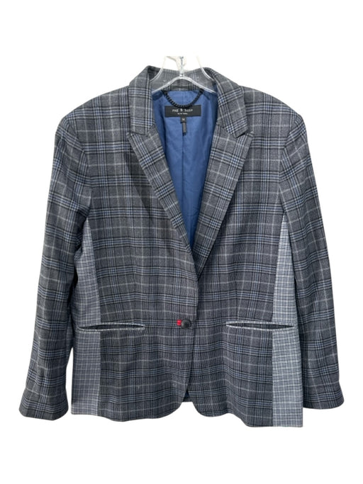 Rag & Bone Size 14 Black & Blue Wool & Polyester Plaid 1 Button Blazer Jacket Black & Blue / 14