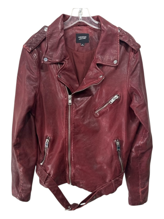 Lamarque Size XL Burgundy Red Lamb leather Zip Detail Belted Epaulettes Jacket Burgundy Red / XL
