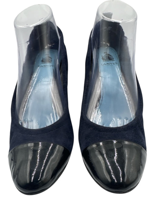 Lanvin Shoe Size 39 Navy Blue & Black Leather Suede Cap Toe Wedges Navy Blue & Black / 39