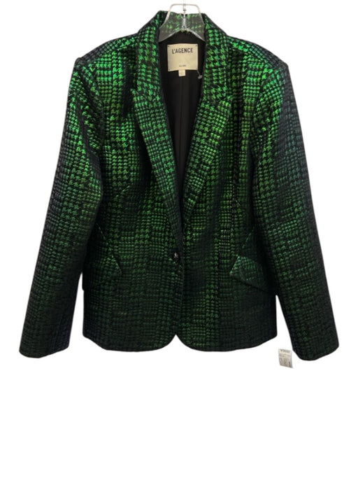 L'agence Size 12 Green & Black Poly Blend Houndstooth One Button Metallic Blazer Green & Black / 12