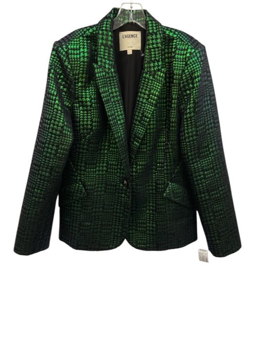 L'agence Size 12 Green & Black Poly Blend Houndstooth One Button Metallic Blazer Green & Black / 12