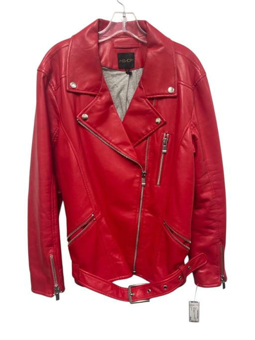 AS by DF Size L Red Leather & PU Zip Detail Belted Moto Jacket Red / L
