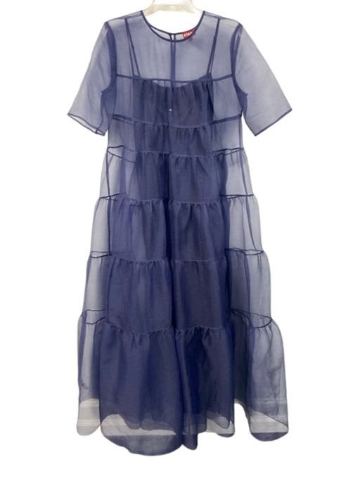 Staud Size Large Navy Blue Polyester Short Sleeve Sheer Tiered Maxi Dress Navy Blue / Large