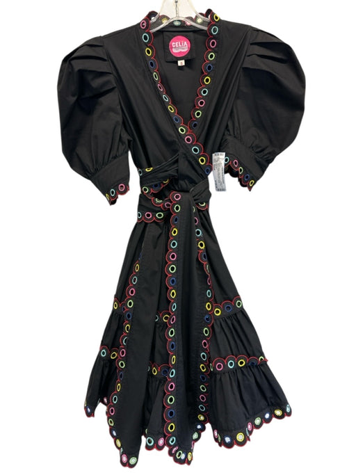Celia B Size Small Black & Multi Cotton Blend Short Puff Sleeve Eyelet Dress Black & Multi / Small