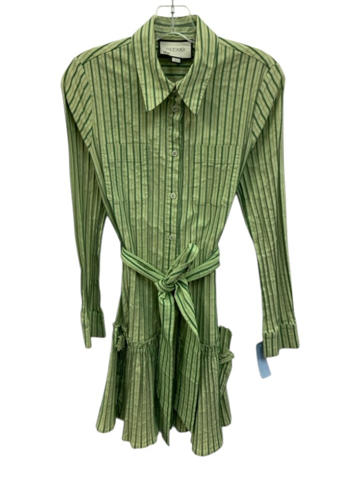 Alexis Size Large Green & Black Cotton Blend Long Sleeve Striped Ruffles Dress Green & Black / Large