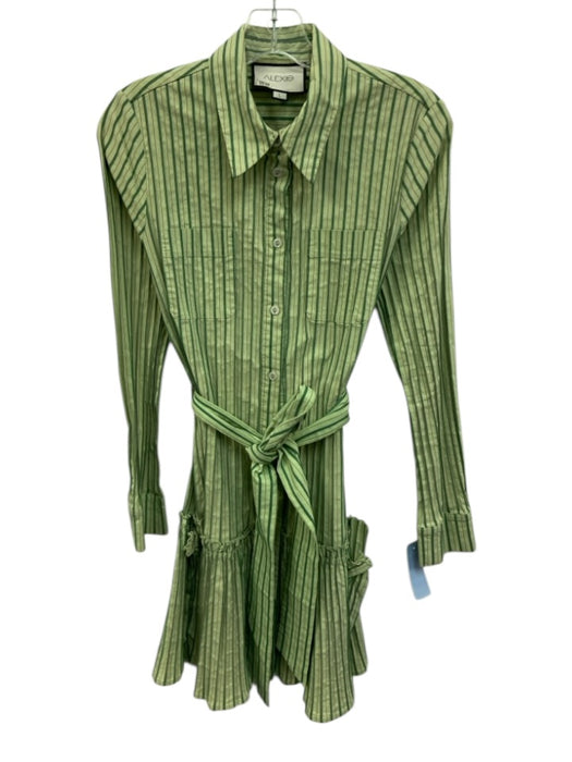 Alexis Size Large Green & Black Cotton Blend Long Sleeve Striped Ruffles Dress Green & Black / Large