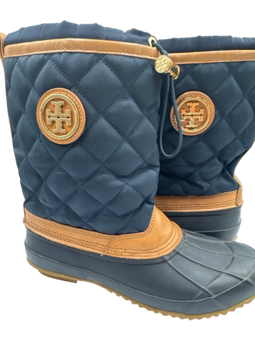 Tory Burch Shoe Size 8 navy blue & tan Rubber Leather trim Quilted Boots navy blue & tan / 8