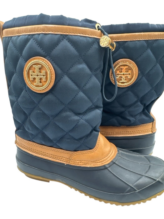 Tory Burch Shoe Size 8 navy blue & tan Rubber Leather trim Quilted Boots navy blue & tan / 8