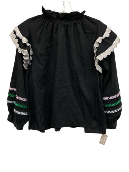 Cynthia Rowley Size Medium Black, Pink, Green Cotton Long puff sleeve Ruffle Top Black, Pink, Green / Medium