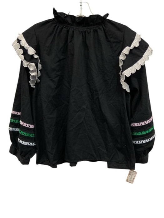 Cynthia Rowley Size Medium Black, Pink, Green Cotton Long puff sleeve Ruffle Top Black, Pink, Green / Medium