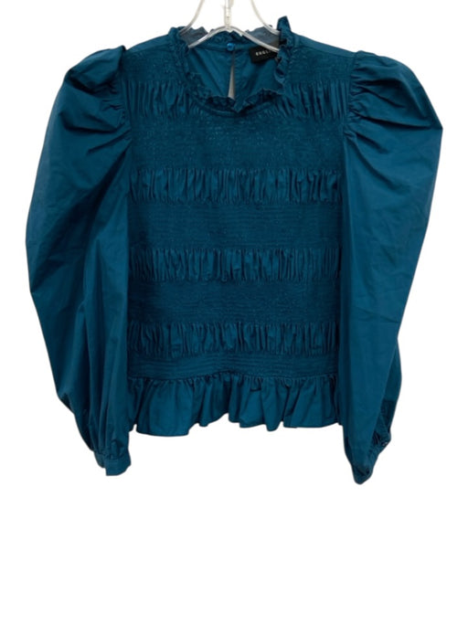 English Factory Size Medium Teal Blue Cotton Long puff sleeve Shirred Top Teal Blue / Medium