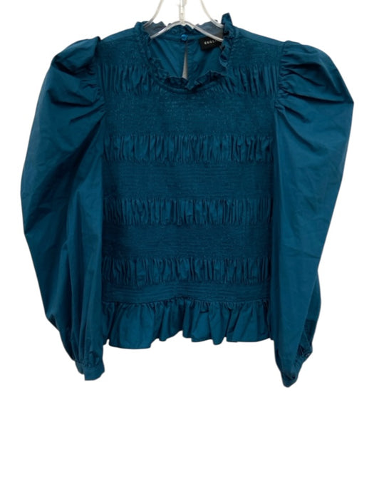 English Factory Size Medium Teal Blue Cotton Long puff sleeve Shirred Top Teal Blue / Medium