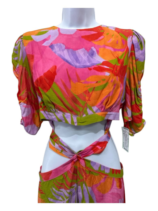 Farm Rio Size M Pink, Purple, Orange Viscose Abstract Floral Ruched Sleeve Dress Pink, Purple, Orange / M