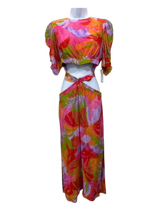 Farm Rio Size M Pink, Purple, Orange Viscose Abstract Floral Ruched Sleeve Dress Pink, Purple, Orange / M