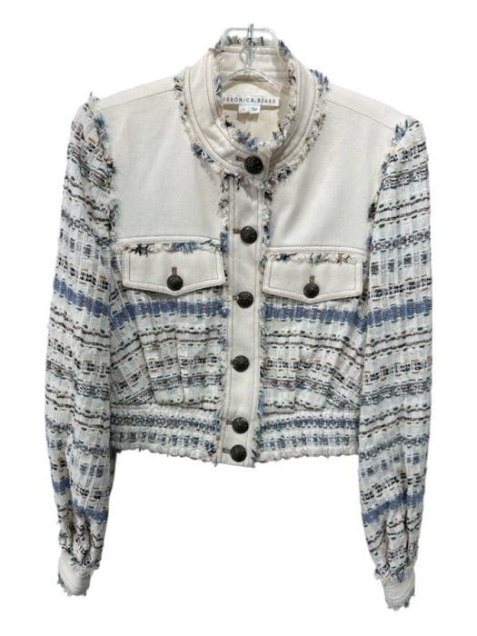 Veronica Beard Size 4 Cream, Blue & Multi Cotton Blend Denim Button Front Jacket Cream, Blue & Multi / 4