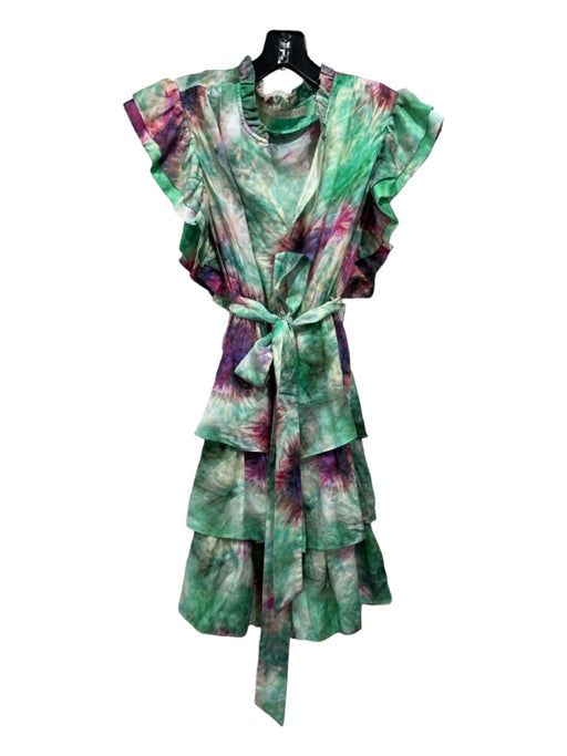 Marie Oliver Size M Green, Purple & White Silk & Cotton Tiered Tye Dye Dress Green, Purple & White / M