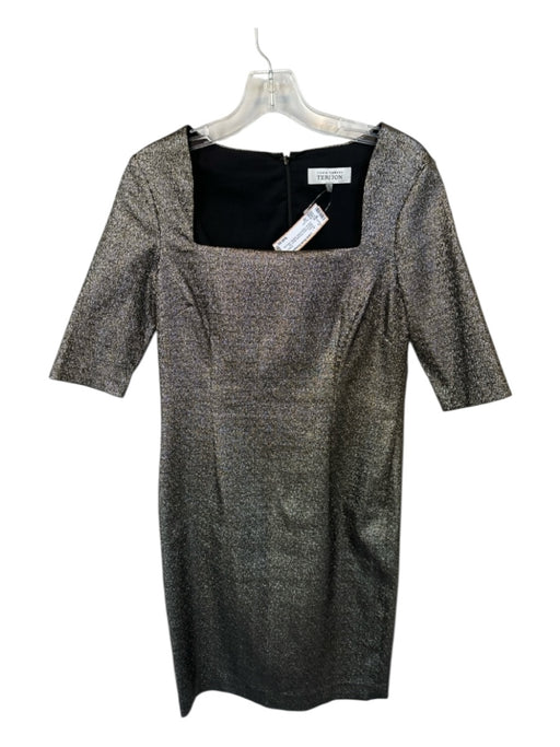 Teri Jon Size 10 Black & Gold Polyester Blend 3/4 Sleeve Square Neck Dress Black & Gold / 10