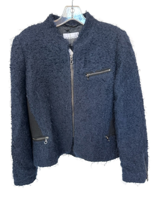 Jaeger Size 12 Navy & Black Wool Blend Distressed Front Zip Pockets Jacket Navy & Black / 12