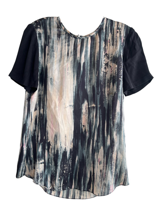 Rebecca Taylor Size 2 Black Beige Green Silk Round Neck Short Sleeve Top Black Beige Green / 2