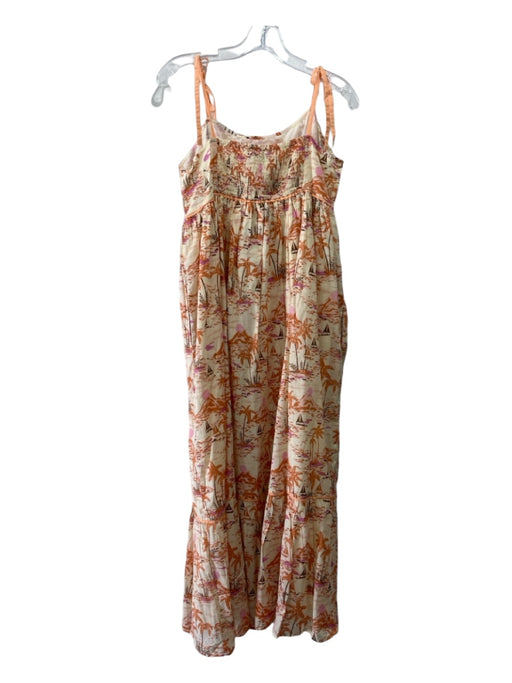 Olivia James Size L Beige Orange Pink Cotton Tie Straps Tropical Print Dress Beige Orange Pink / L