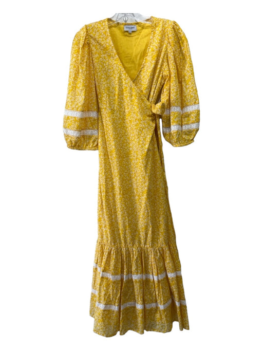 Olivia James Size XS Yellow & White Cotton Floral Wrap Long Sleeve Dress Yellow & White / XS