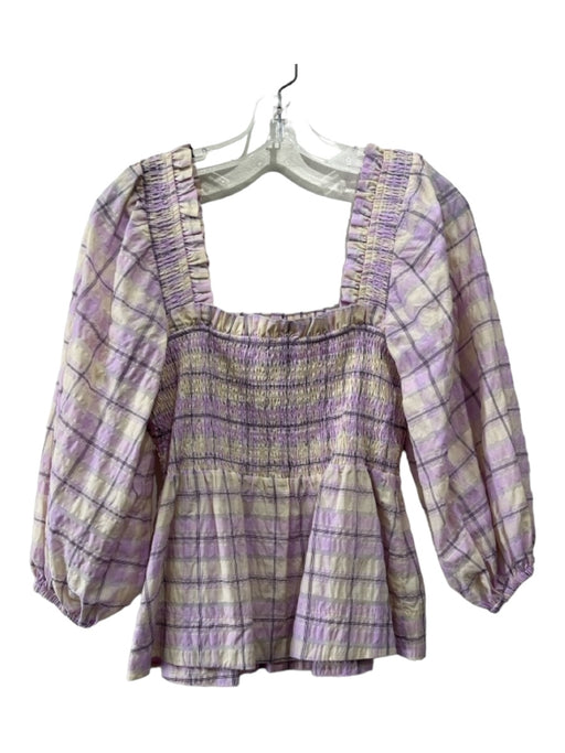 Ganni Size 38 Purple & Beige Cotton Blend Plaid Square Neck Long Puff Sleeve Top Purple & Beige / 38