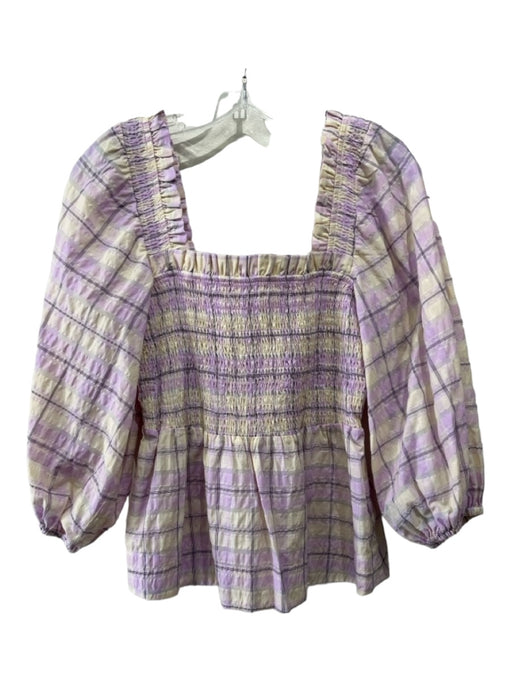 Ganni Size 38 Purple & Beige Cotton Blend Plaid Square Neck Long Puff Sleeve Top Purple & Beige / 38