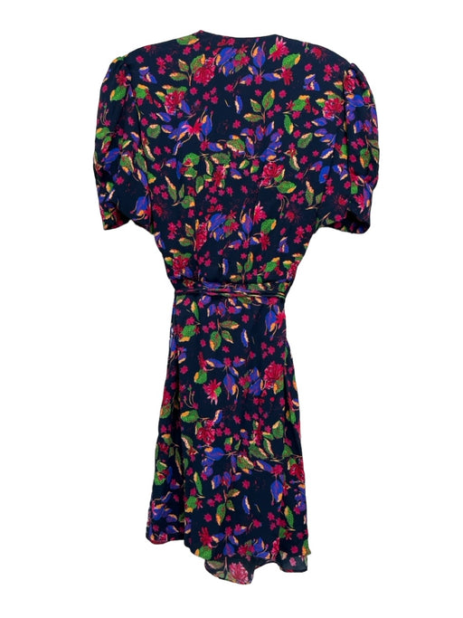 Saloni Size 8 Black Blue Green Purple Viscose Puff Shoulder Floral Wrap Dress Black Blue Green Purple / 8