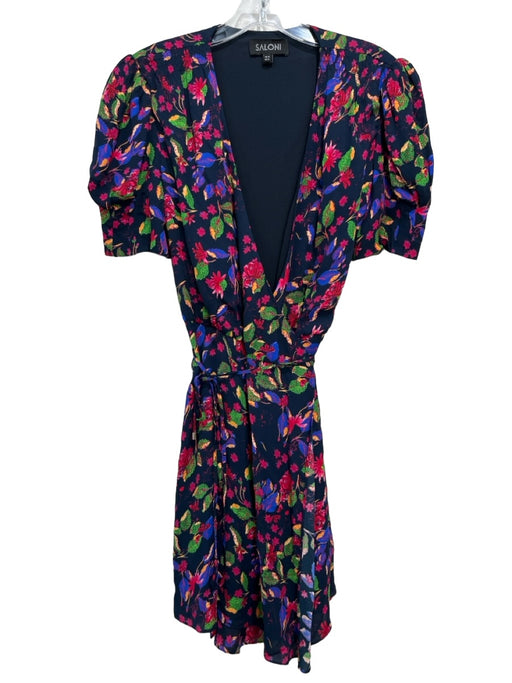 Saloni Size 8 Black Blue Green Purple Viscose Puff Shoulder Floral Wrap Dress Black Blue Green Purple / 8