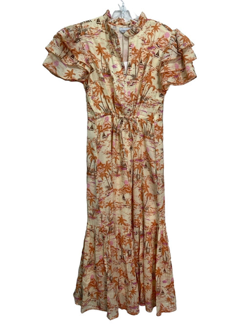 Olivia James Size S Beige Orange Pink Cotton Ruffle Neck Beach Scene Print Dress Beige Orange Pink / S