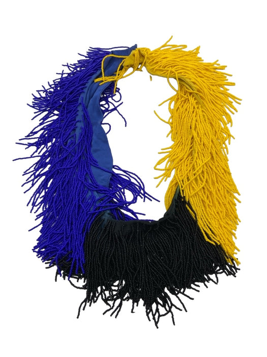 Mignonne Gavigan Yellow Blue Black Beaded Silk Clasp Closure Fringe Necklace Yellow Blue Black