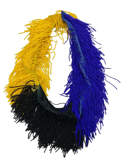 Mignonne Gavigan Yellow Blue Black Beaded Silk Clasp Closure Fringe Necklace Yellow Blue Black