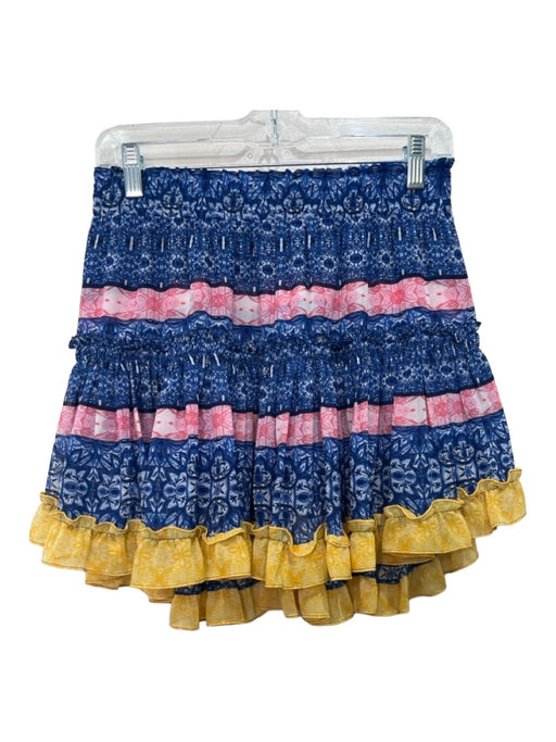 Misa Size S Blue Pink Yellow Polyester Elastic Waist Tiered Floral Skirt Blue Pink Yellow / S