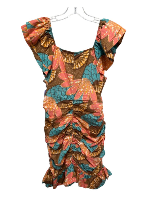 Cleobella Size Medium Orange, Brown, Blue Cotton Ruched Mixed Print Midi Dress Orange, Brown, Blue / Medium