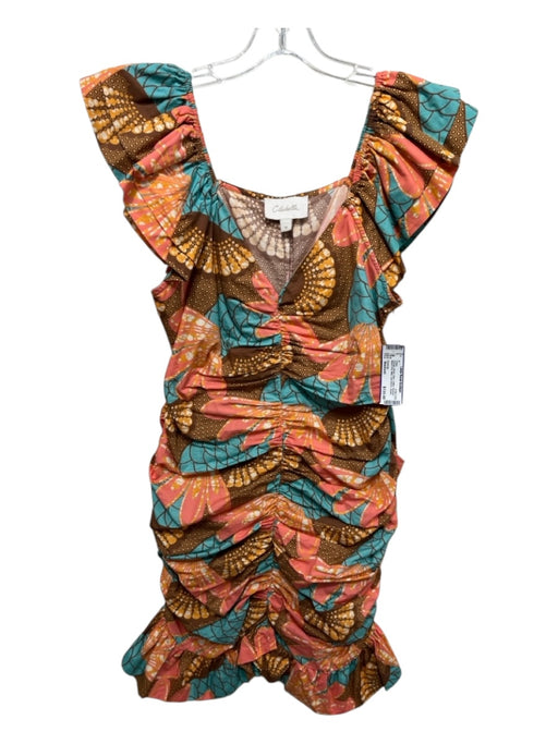 Cleobella Size Medium Orange, Brown, Blue Cotton Ruched Mixed Print Midi Dress Orange, Brown, Blue / Medium