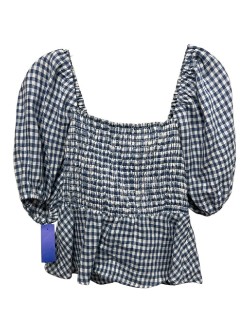 Emerson Fry Size XS Blue & White Linen Gingham Tie Front Short Puff Sleeve Top Blue & White / XS