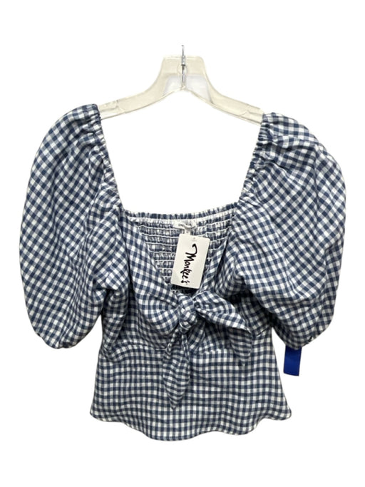 Emerson Fry Size XS Blue & White Linen Gingham Tie Front Short Puff Sleeve Top Blue & White / XS