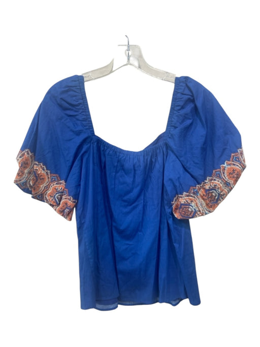 Anna Cate Size L Blue & Orange Cotton Puff Half Sleeve Square Neck Top Blue & Orange / L