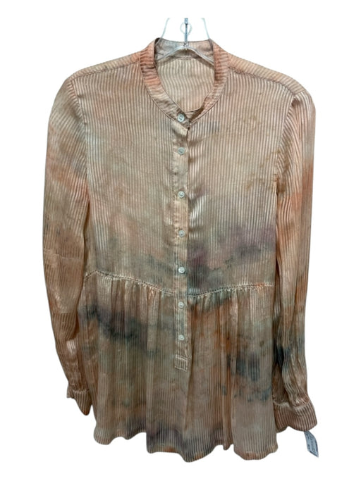 Raquel Allegra Size 1/S Peach Pink & Gray Print Silk Stripe Long Sleeve Top Peach Pink & Gray Print / 1/S