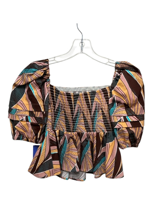 Autumn Adeigbo Size 0 Brown, Pink, Orange Cotton Puff Half Sleeve Peplum Top Brown, Pink, Orange / 0